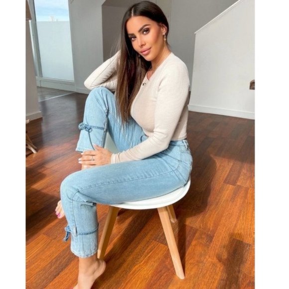 Blue High Waist Tie Detail Straight Leg Jeans Denim Pants - Picture 6 of 17